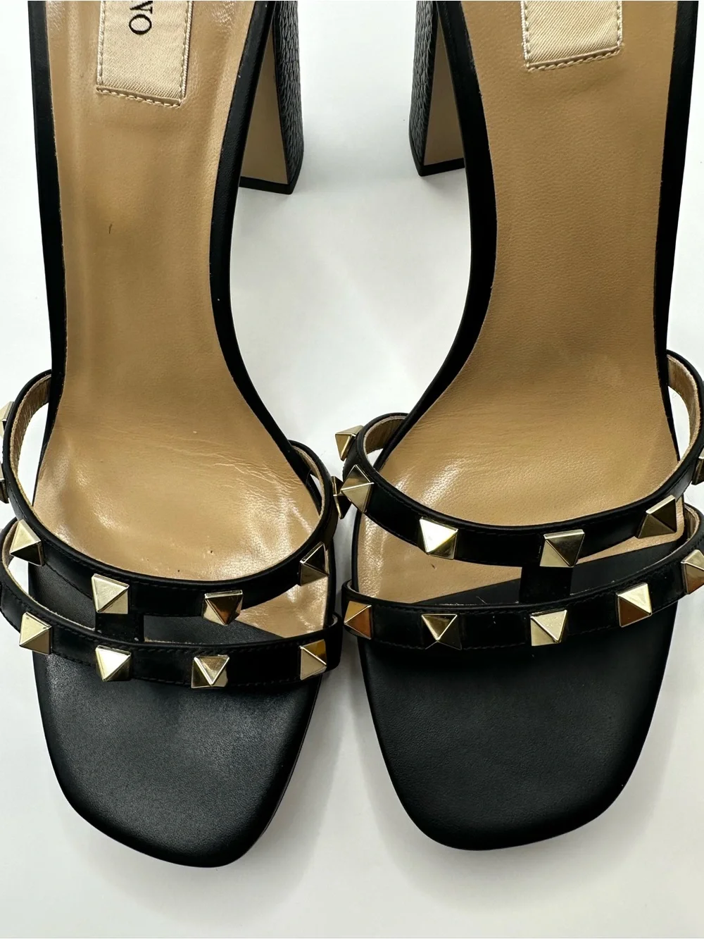 Valentino Black Leather Platform Sandals with Gold Stud Accents